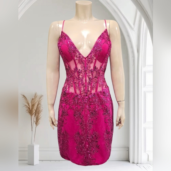 green emerald velvet dress Dusty Rose Pink Short Glitter Dress with Illusion Neckline – Sparkly Sequin Evening Dress with Corset Back Plus Size Size 16W / Pink